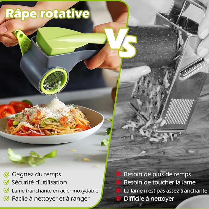 Ручна тертка для овочів 3-в-1 з нержавіючої сталі, Mandoline, терка для сиру з ручкою та 3 змінні леза, для салату, горіхів, фруктів, піци, зелені (терка для сиру сірого кольору)