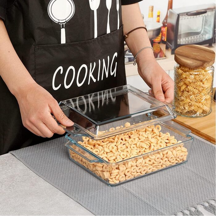 Прямокутна форма для запікання зі скляною кришкою, 2L, 24x20x6 см, для лазаньї, на 2 порції, сумісна з мікрохвильовою піччю та духовкою