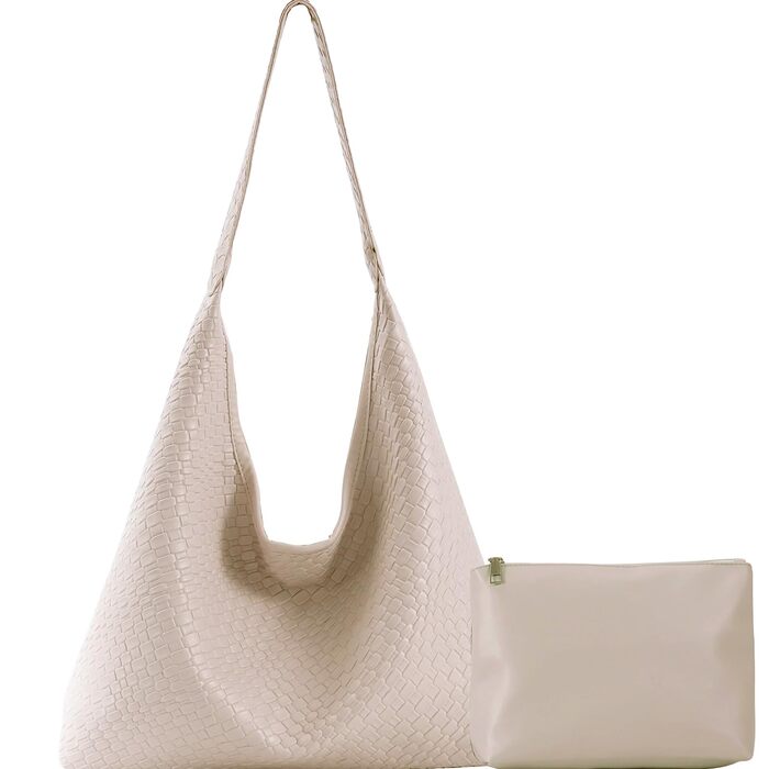 Жіноча плечова сумка з екошкіри бежевого кольору, велика місткість, Hobo сумка з ручкою (Vegan Leather Shoulder Bag)