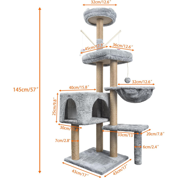 Драбина-кіготь для котів HOMIDEC 145 см з сизалю, з печерою та платформами, сірий