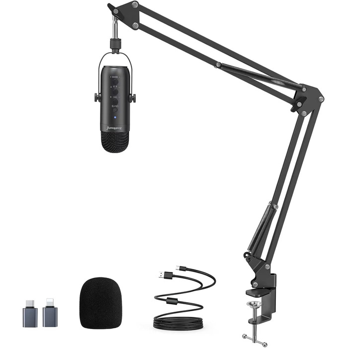 Zealsound USB мікрофон для подкастів та вокалу з шумозаглушенням (чорний) для ПК, телефону, YouTube, PS5, iPhone, Mac. З підставкою-держателем та адаптерами.