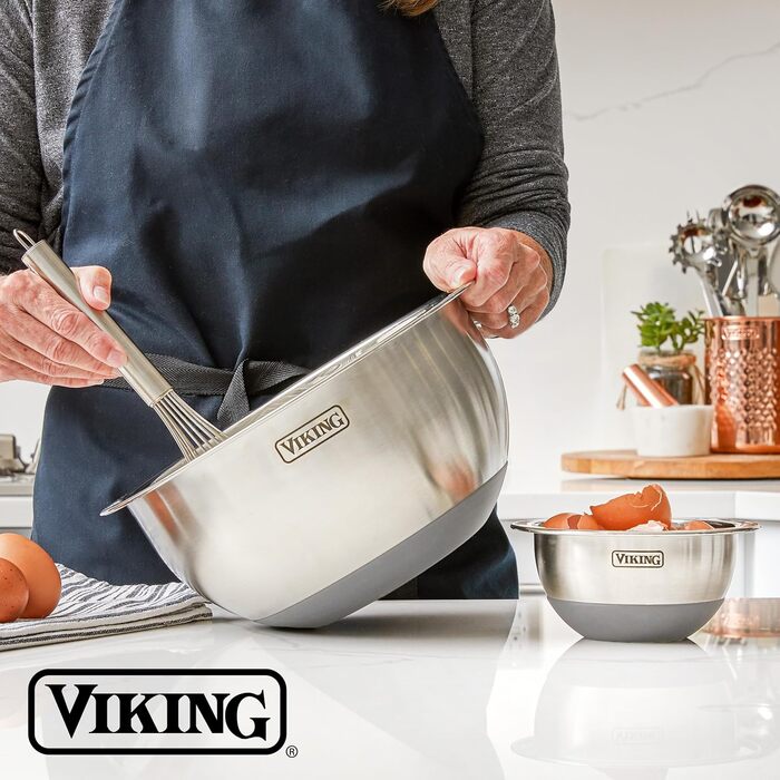 Набір місок для перемішування Viking Culinary з нержавіючої сталі, 10 шт. | Силіконова неслизька основа | З герметичними кришками | Можна мити в посудомийній машині | Сірий колір