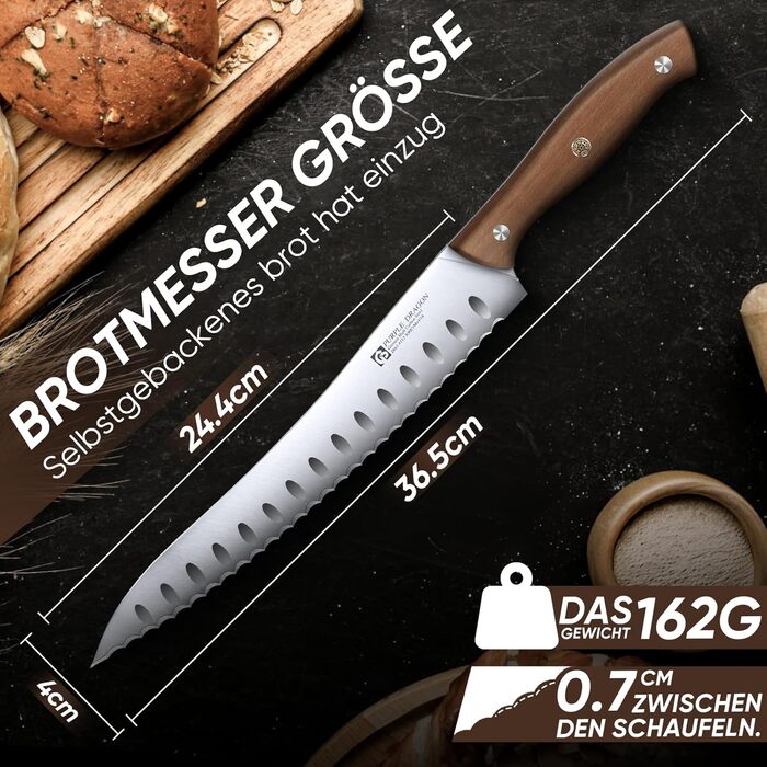 Ніж для хліба Purple Dragon Brotmesser з хвилястим лезом та ергономічною ручкою, з високоякісної німецької сталі, для свіжоспеченого хліба, закваски, тортів, гостре лезо