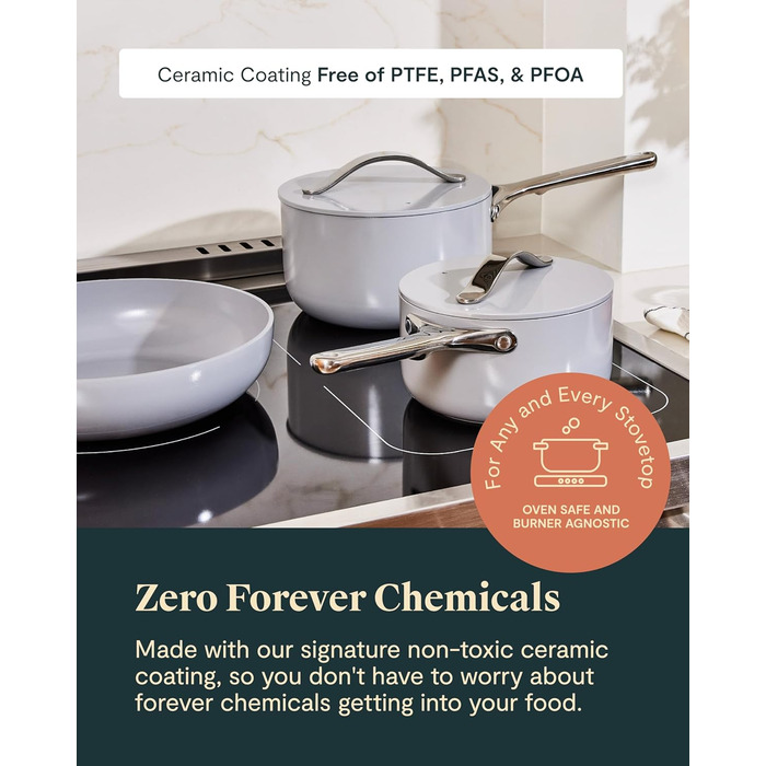 Набір посуду Caraway Deluxe антипригарний керамічний 16 предметів: каструлі, сковороди, кришки, кремовий колір - без PFAS та PFOA, для всіх типів плит, жаростійкий