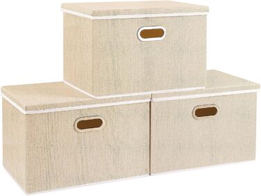Yawinhe 3-Piece Storage Boxes with Lids, Foldable Fabric Boxes with Handles, Storage Boxes, for Bedroom, Clothes Storage, 32x23x20cm, SNK023G-3 (45x30x30cm/3-Pack, Beige)
