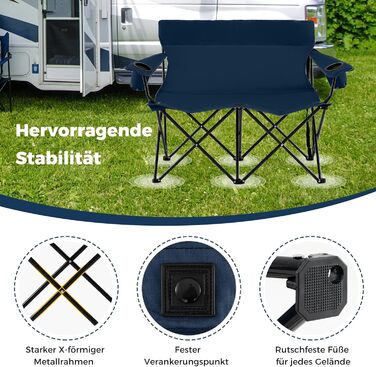 Крісло для кемпінгу Costway на 2 особи, розкладне з підсклянниками та підлокітниками, 300 кг, з сумкою, для кемпінгу, пікніка, риболовлі (Блакитний)