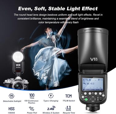 Godox V1Pro – Світловий спалах для камер Fujifilm з підтримкою TTL, 76Ws, HSS 1/8000s, Li-ion батарея, 2.4G Wireless