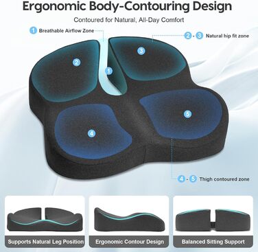 Ергономічна подушка для сидіння на стілець з Memory Foam: для офісу, дому, подорожей. 3D дизайн, дихаючий чохол, антиковзке покриття