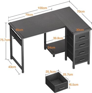 Комп'ютерний стіл кутовий Coleshome 100x70 см з 4 шухлядами, чорний