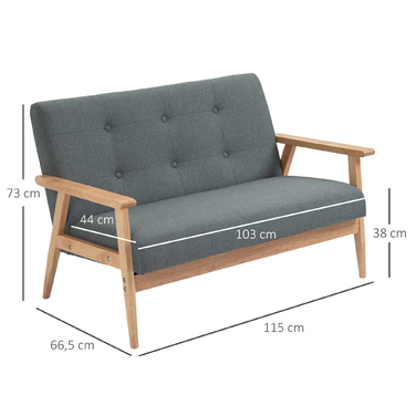 HOMCOM Подвійне диван-крісло Loveseat на 2 місця з м'якою оббивкою, компактний дизайн з льону та гумового дерева, сірого кольору, розміром 115x66,5x73 см для вітальні