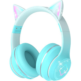 Бездротові навушники Bluetooth для дітей з LED-підсвіткою, котячими вушками та мікрофоном, HD стерео звук, складні, регульоване наголов'я, для дівчаток, PC/Tablet/навчання/школу (зелені)