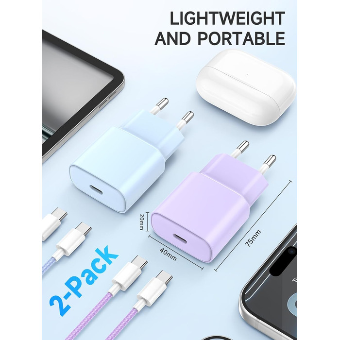 Зарядний пристрій 20W USB-C для iPhone 17/16/15, 2 шт. + Кабель USB-C 2м, PD3.0, блакитний+ліловий