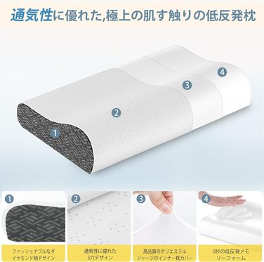 Ергономічна подушка з ефектом пам'яті (Memory Foam) для підтримки шиї та голови, для сну на боці, спині та животі, з дихаючим чохлом, темно-сіра (Charcoal), 61 x 35 x (9/12) см