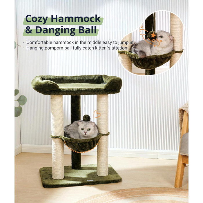 Драбина-кіготь для котів Happi N Pets 71 см, зелена: стабільна, з ліжком та гамаком, обтягнута сизалем