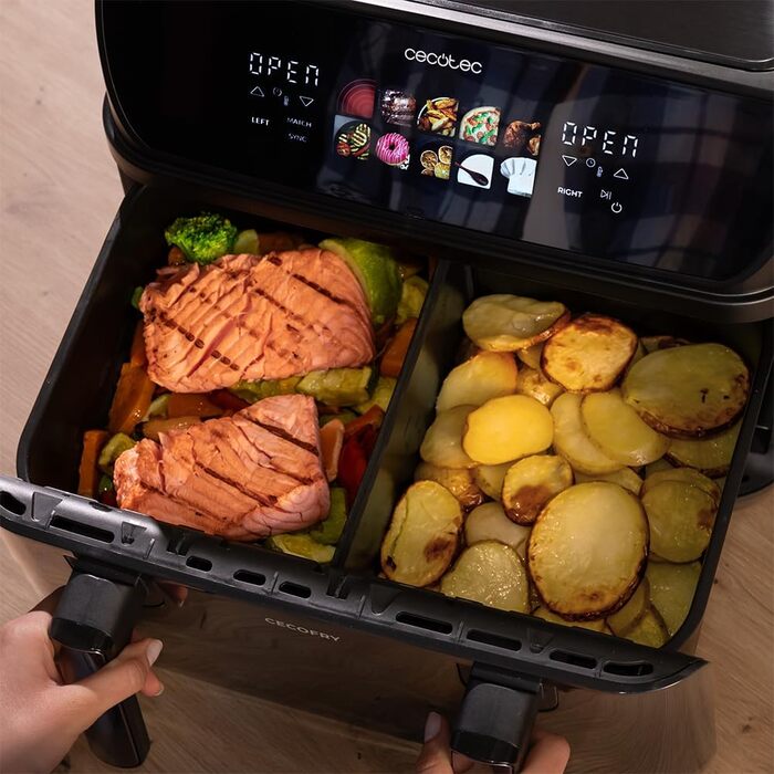 Cecotec Oil-Free Hot Air Fryer - 10L - Grill Plate - Grill - Double Heating Elements - Cecofry & Grill Duoheat 10000. 2800W, Movable Dividing Wall, Temperature Control 40-200°C, 10 Menus