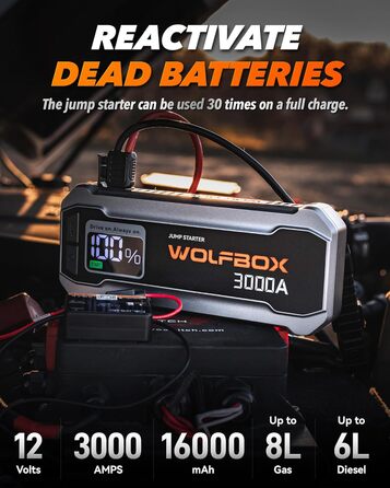 Powerbank WOLFBOX для запуску авто: 12V, 3000A, LED-ліхтар, для SUV, LKW, мотоциклів