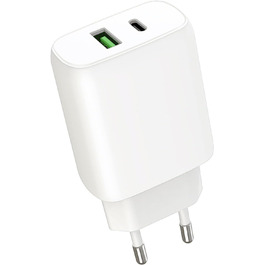 Швидкий зарядний пристрій Envircell USB-C GaN 30W з 2 портами (USB-C та USB-A), PD 3.0, білий. Сумісний з iPhone, Samsung та іншими телефонами.