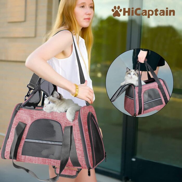 Транспортна сумка для котів HiCaptain, складана, з плечовим ременем, м'яко стьобана, переноска для собак та кошенят до 7 кг (рожевий/червоний), 46 x 29 x 30 см