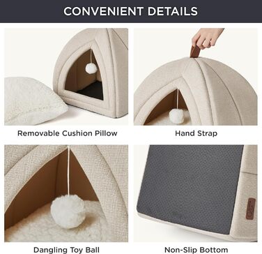 Ліжко для котів BEDSURE велике, 44x44x44 см, хатинка для котів, з м'якою подушкою Sherpa та іграшкою, миється, бежеве