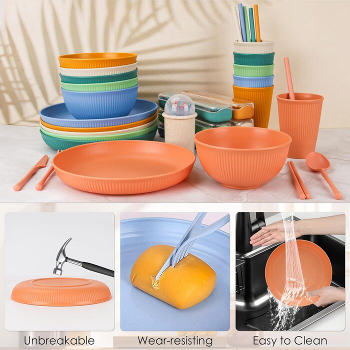 Набір посуду 48 шт. незламний, багаторазовий, для кемпінгу, пікніка, барбекю. Пластиковий посуд, 66 шт. (яскравих кольорів)