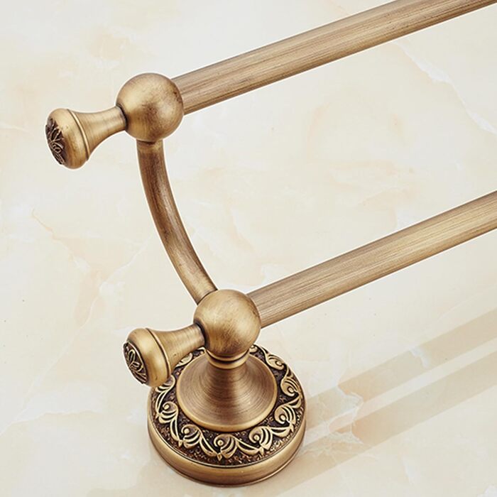 Brass toothbrush holder, antique bronze finish, cup holder with white ceramic cup, wall-mounted, bathroom accessory, patterned carving design (double towel holder)