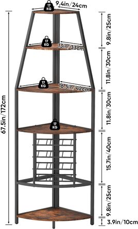 Стеллаж для вина Nisorpa на 12 пляшок, 5-ярусний кутовий, з тримачем для келихів, вінтажний коричнево-чорний