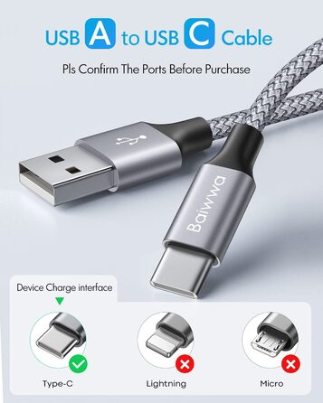 Кабель USB-C на USB-A 6м сірий, для Samsung, iPhone, Redmi, Pixel - міцний нейлоновий шнур для зарядки та передачі даних