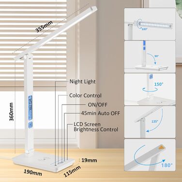 LED лампа настільна YAMYONE з бездротовим зарядним пристроєм та USB-портом, 5 кольорів, регулювання яскравості, нічник, годинник, термометр, для офісу та навчання, білий колір