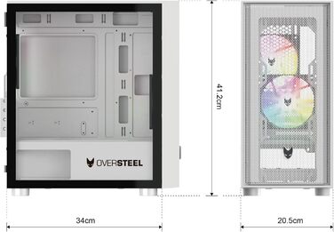 Корпус для ПК Oversteel AERIS білий з вентилятором A-RGB 120mm, сумісний з ATX, Micro ATX, ITX, USB 3.0, з сітчастою передньою панеллю та фільтрами пилу, з загартованим склом