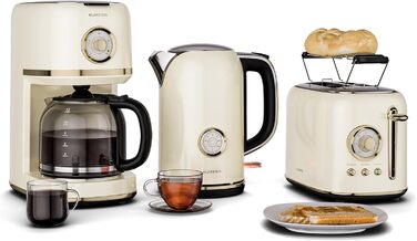 Набір тостер та чайник Klarstein Victoria, ретро дизайн, кремовий. Тостер на 2 тости з 7 рівнями підсмажування, чайник 1.7л з фільтром від накипу. Комплект для сніданку