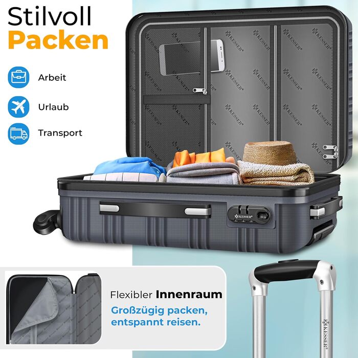 Валіза KESSER® подорожня, середня, з жорстким корпусом, вагова шалька та багажний жетон | Чемодан-роликовий, з кодовим замком, 4 колеса, ABS-корпус, телескопічна ручка (66x45x28см / 84 літри) (75-120л, антрацит)