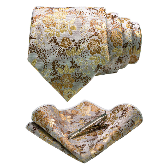 Чоловічий краватка-набір JEMYGINS з квітковим принтом та нагрудною хустинкою, з затискачем для краватки, білий золотий