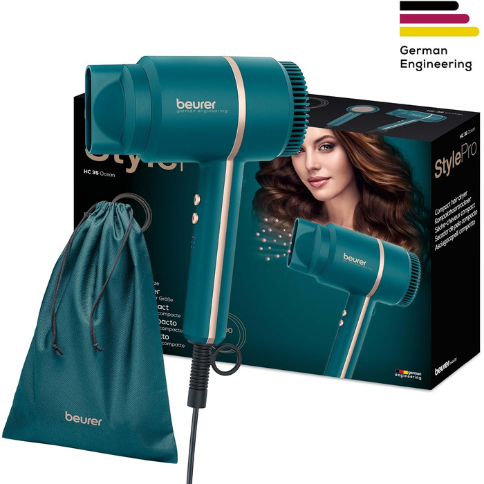 Фен Beurer HC 35 з іонізацією та насадкою для стайлінгу, 1600-2000 Вт, LED-дисплей, сумка, Petrol