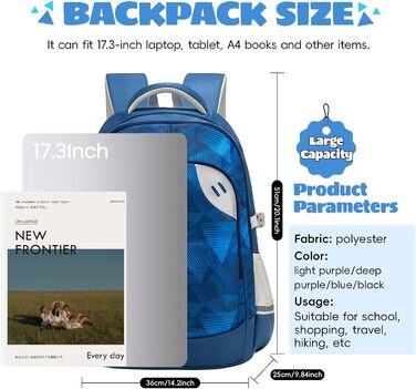 Шкільний рюкзак для підлітків 46L, рюкзак для школи, гімназії, старшої школи з нагрудною стрічкою, світловідбиваючими елементами, відділенням для 17.3' ноутбука, міцний, повсякденний (Блакитний)
