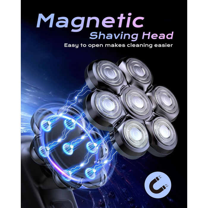 Електрична бритва для гоління голови Glatzen Herren 7D, водонепроникна IPX7, з тримером для бороди та носа, LED-дисплей