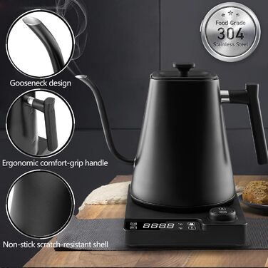 Fityou Electric Gooseneck Kettle - Temperature Control, 1200W, 1L Capacity, Fast Boiling, LED Digital Display, Celsius/Fahrenheit Conversion, for Specialty Coffee & Tea, Matte Black