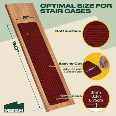 Набір сходинкових килимків MBIGM (15 шт.) - самоклеючі килимки на сходи для безпеки дітей, літніх людей та домашніх тварин (червоний, 20 x 76 см)