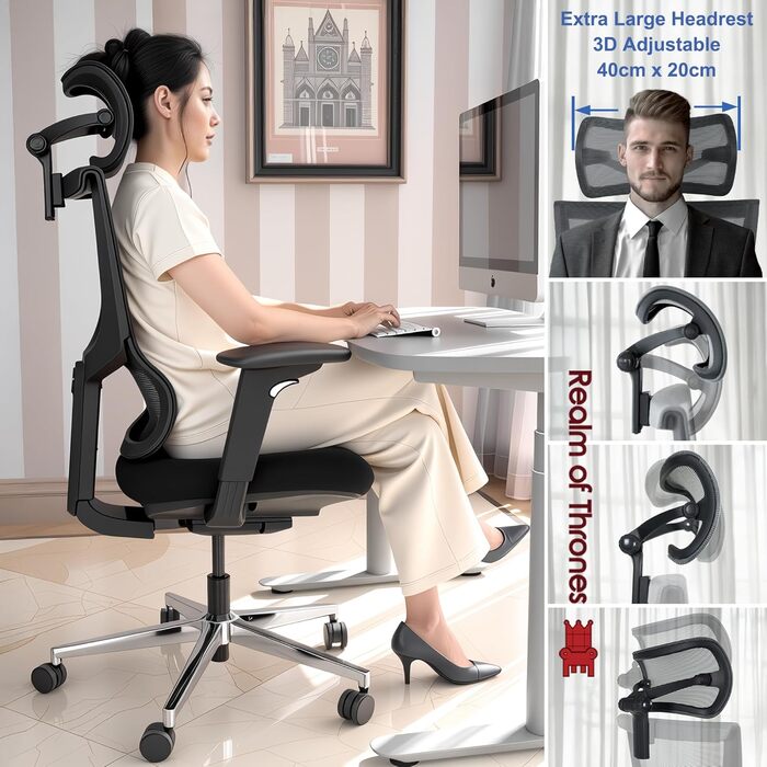 Офісний стіл Realm of Thrones CAPTAIN Deluxe: ергономічний стілець з регульованою поперековою підтримкою, дихаюча спинка, комфортне сидіння, сталева база, відкидні підлокітники (сірий)