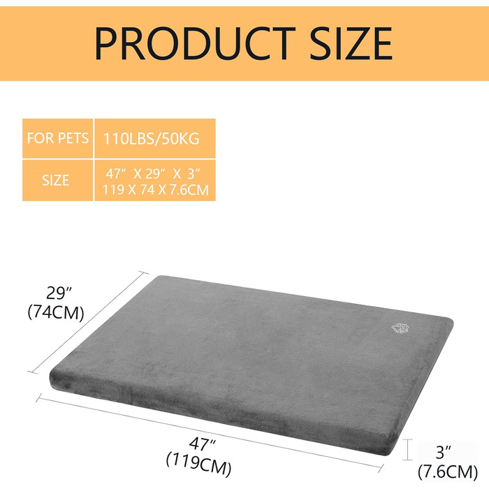 EMPSIGN Dog Bed for Large Dogs, Washable Dog Cushion, Waterproof Dog Bed L 89x56cmx7.6cm, Dog Cushion Suitable for Cages, Dog Mat with Removable and Washable Cover for Large Dogs, Grey (XXL (119*74*5.8cm))