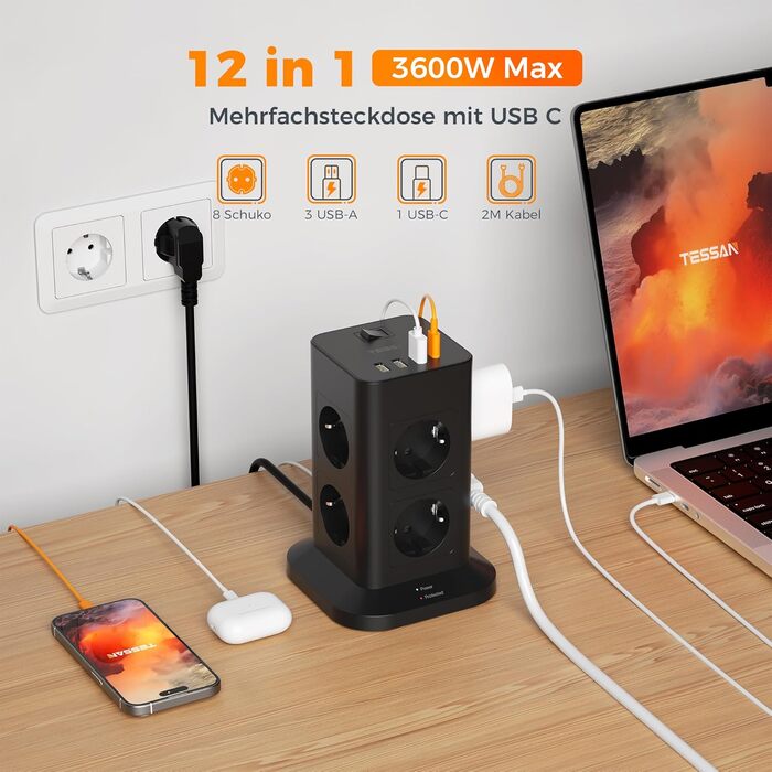 Мережевий фільтр TESSAN 8 розеток з 2 USB-C, захист від перенапруги, 2 метри кабелю, 3600W, сірий/білий
