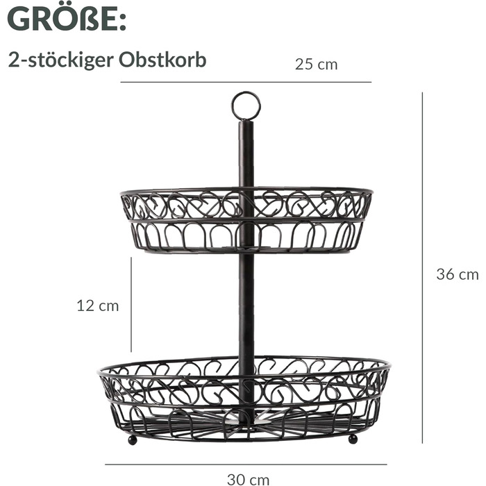 Металева етажерка для фруктів Chefarone 30 см - чорна фруктова ваза з 3 ярусами - стильна підставка для фруктів, 30 x 30 x 36 см