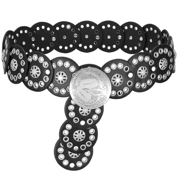 Жіночий шкіряний пояс-корсет у стилі вестерн SUOSDEY, широкий, бохо, для сукні (чорно-срібний, до 95 см)