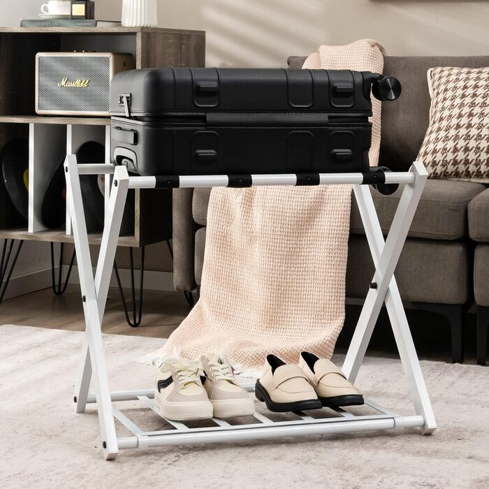 GIANTEX Folding Luggage Rack 2-Tier 68 x 43 x 58 cm Luggage Shelf Baggage Rack Metal Space-Saving Luggage Stand for Bedroom Guest Room Hotel Black (2 Pieces, Black) (2 Pieces, White)