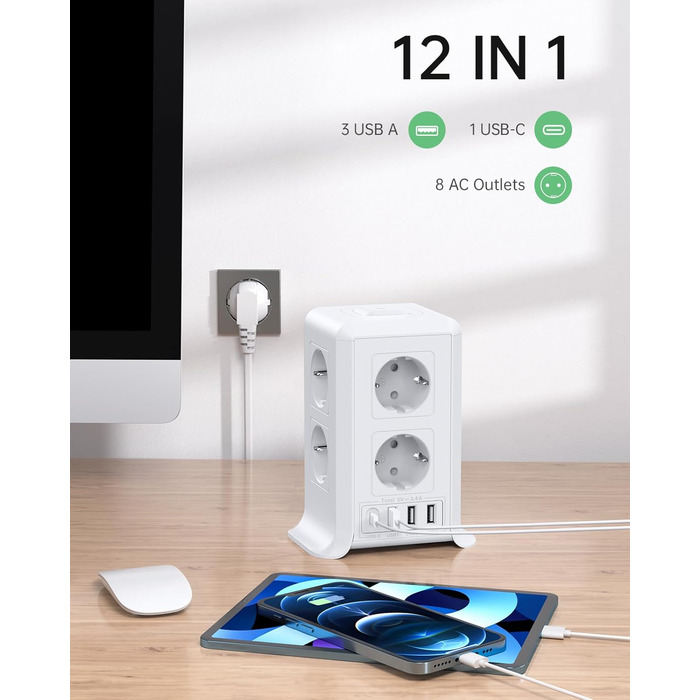 Багаторозкладна мережева панель Sameriver 8-fach з вимикачем, 4 USB, захист від перенапруги, 5 м, біла