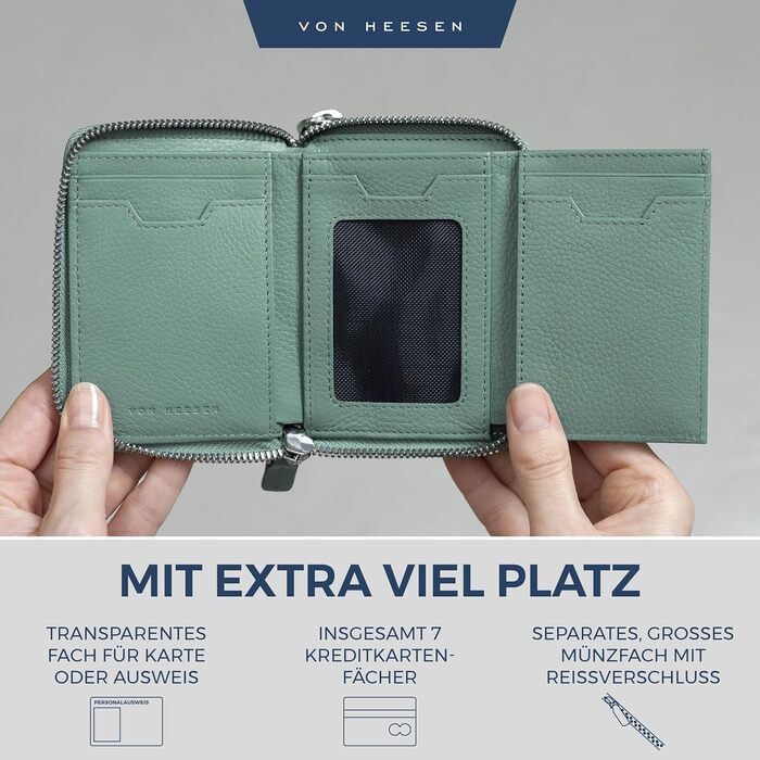 VON HEESEN Leather Wallet with RFID Blocker - Wallet for Women & Men made of Genuine Leather - Wallet with Coin Pocket - Purse for Women and Men in Turquoise (Silver Pine)
