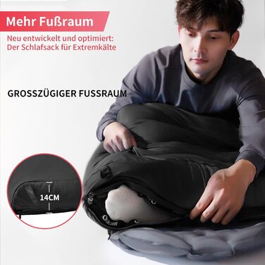 Спальний мішок пуховий, 4-сезонний, зимовий -3°C до -20°C. Підходить для кемпінгу, піших прогулянок та відпочинку на природі для дорослих та дітей. Чорний, температурний режим -3°C до -12°C