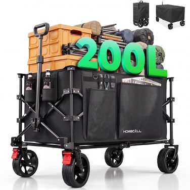 Візок пляжний складний Bollerwagen 200л, 200кг, чорний - для кемпінгу, пляжу, відпочинку на природі. З дощем, гальмами, широкими колесами