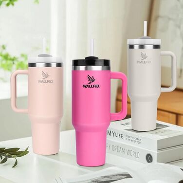 Термокружка WALLFID 40oz з нержавіючої сталі, вакуумна ізоляція, з кришкою, 3 трубочки та щітка для трубочок, для гарячих та холодних напоїв, ідеальна для кави, чаю, смузі та іншого (Рожева)