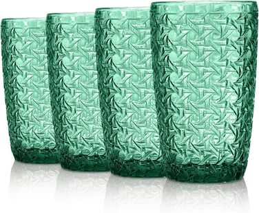 Joeyan 380ml Green Drinking Glasses with Embossed Design, Water Glasses Dishwasher Safe, Long Drink Glasses Set of 4