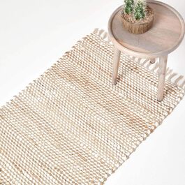 Homescapes Runner Rug Horizon, handwoven from 100% hemp, 66 x 200 cm, patchwork rug with herringbone pattern and fringe, cream natural